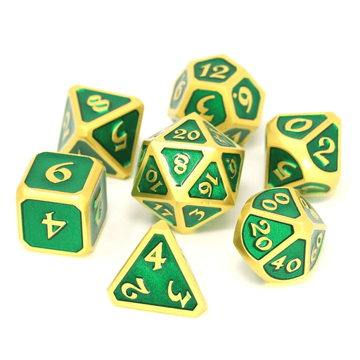 Dice 7-set Metal Mythica (16mm) Satin Gold Emerald