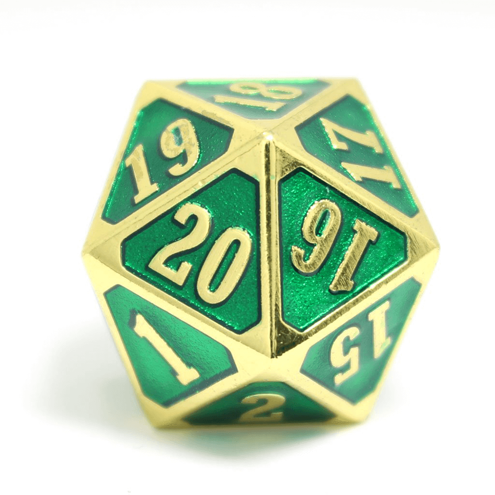 Dice Metal d20 Spindown (25mm) Shiny Gold Emerald